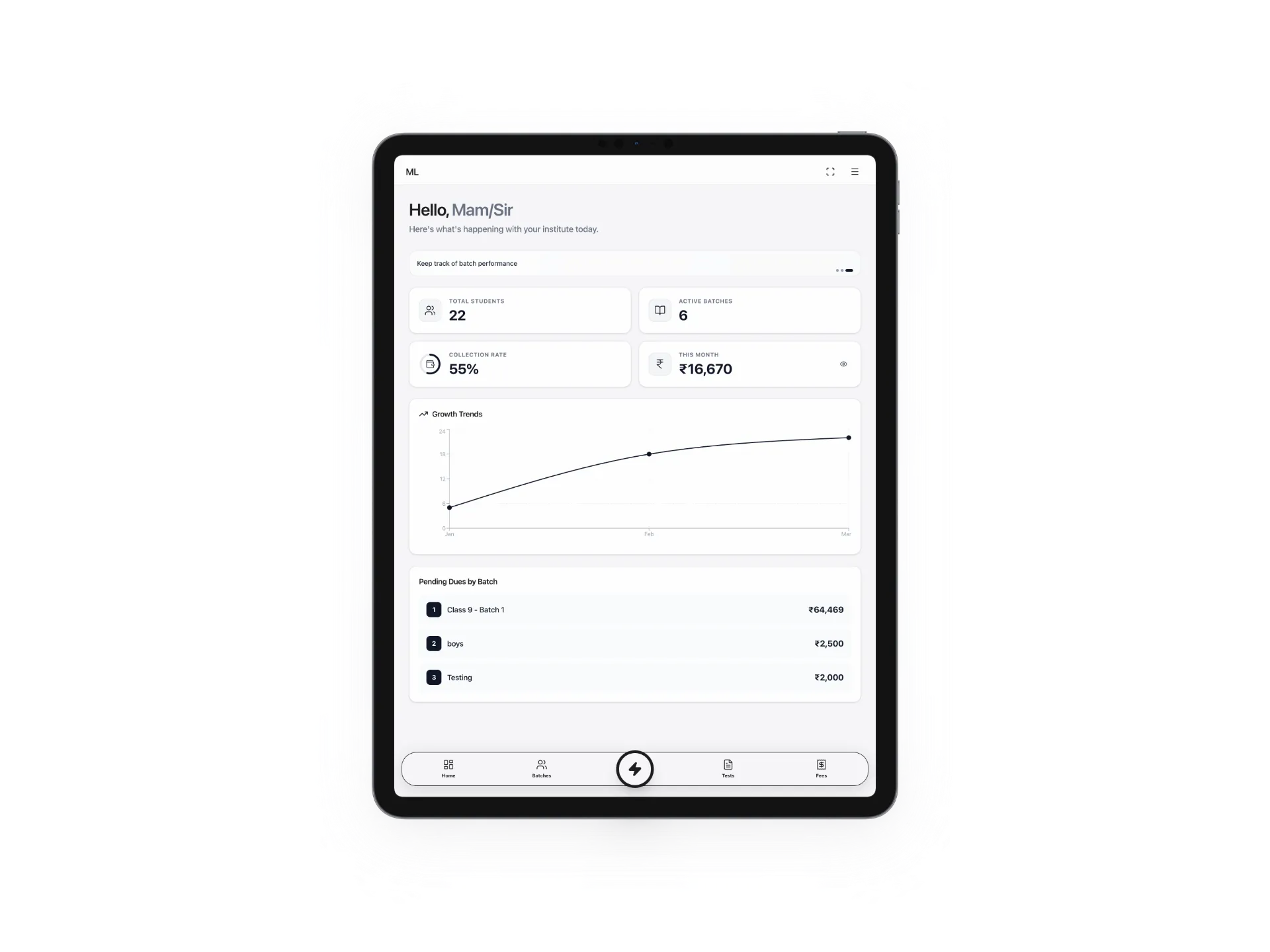 MathLogs tablet app dashboard